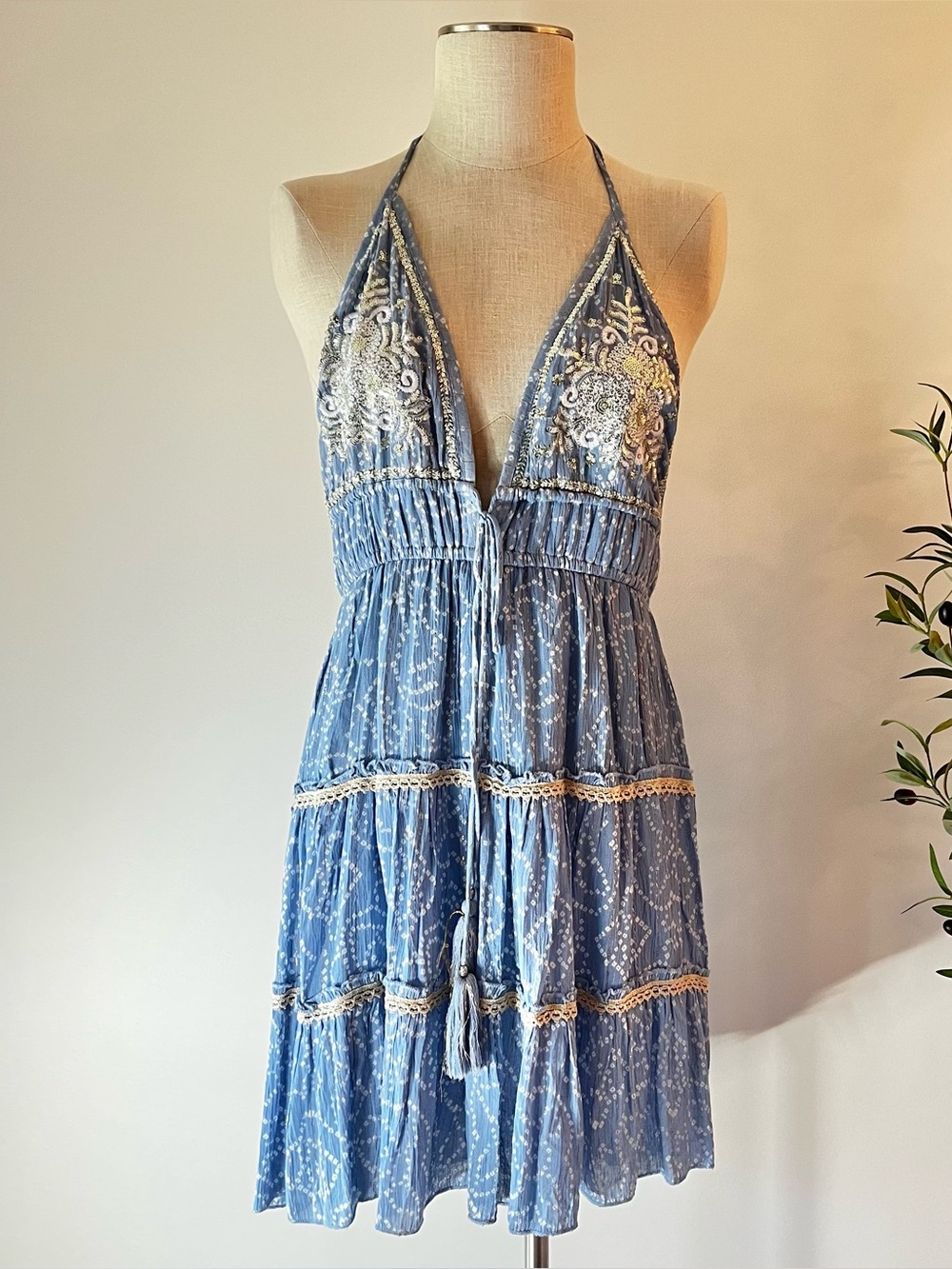 Ananta Blue Embroidered sequin open back Halter Sundress